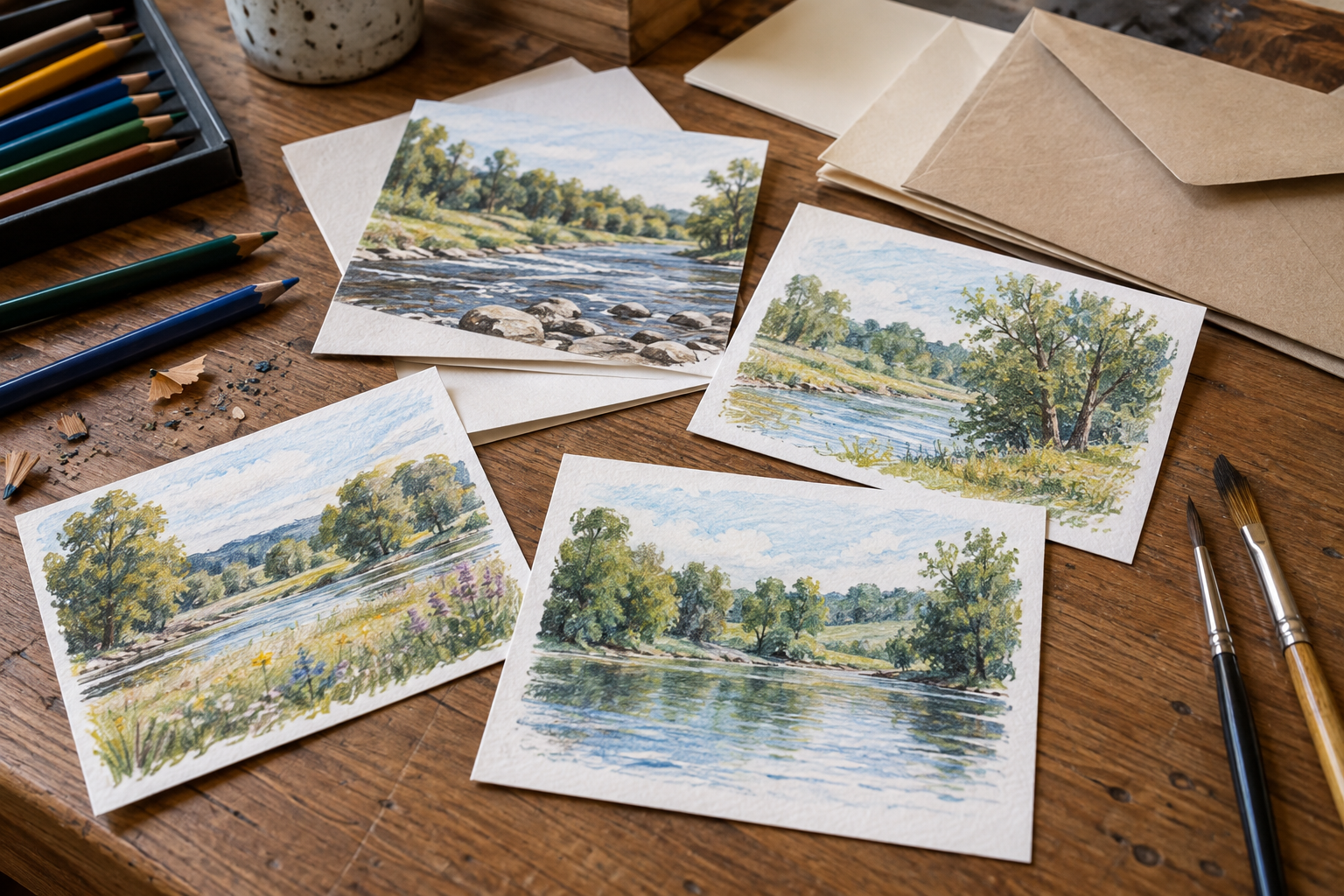 Ilustración fotorrealista generada con IA de postales y materiales de arte sobre una mesa; no reproduce las obras reales de los estudiantes.
