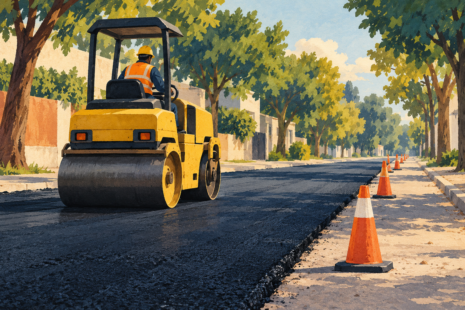 Ilustración de una máquina compactadora y conos junto a una calle en obra