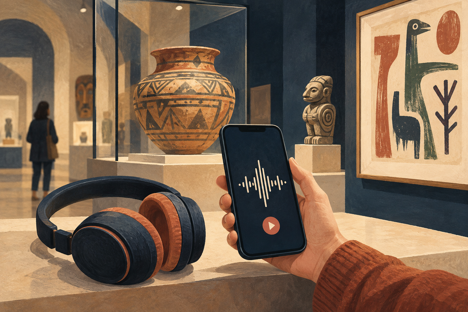 Ilustración de auriculares y un teléfono con una onda de audio frente a objetos de museo