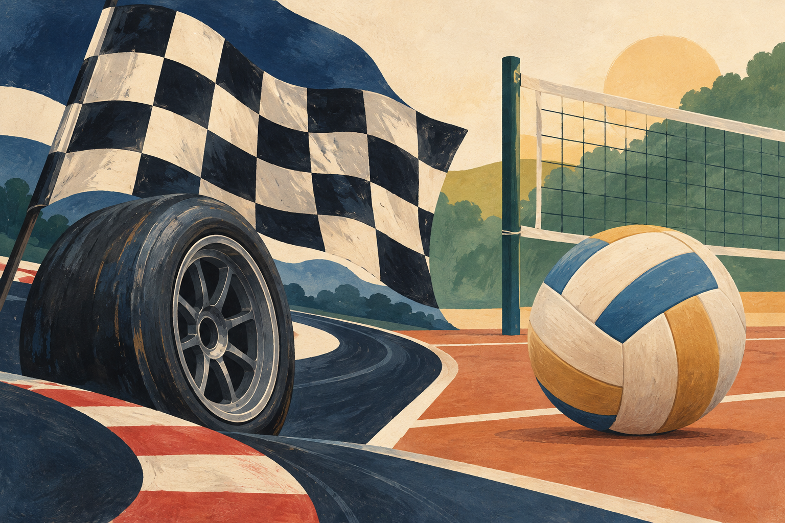 Ilustración simbólica de una bandera a cuadros y una rueda junto a una pelota y una red de Newcom
