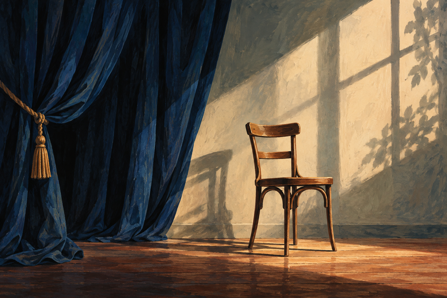 Ilustración teatral de una silla vacía y una ventana en sombra junto a un telón