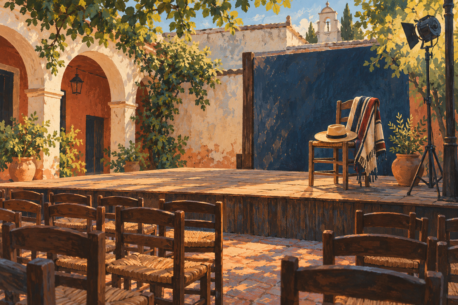 Ilustración de un escenario en un patio con elementos gauchescos y luz de tarde