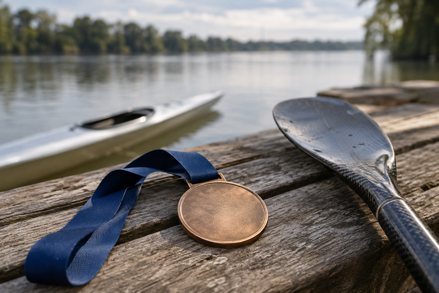 Ilustración fotorrealista generada con IA de una medalla de bronce y una pala de kayak; no reproduce la medalla de Garro ni una premiación real.