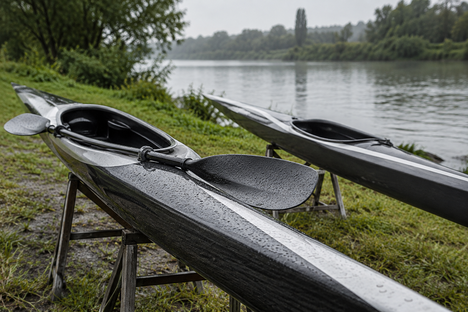 Ilustración fotorrealista generada con IA de kayaks y palas mojados junto a un río; no es una fotografía de la suspensión del Mundial.