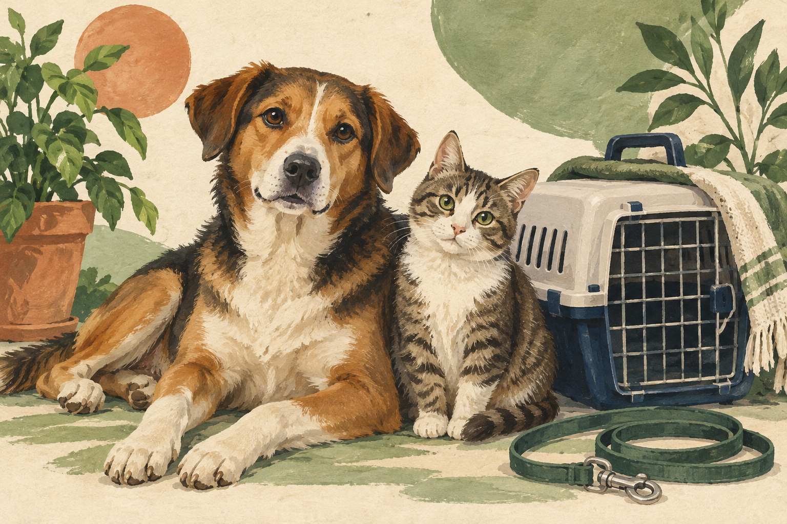 Ilustración de un perro y un gato junto a un transportador y una correa
