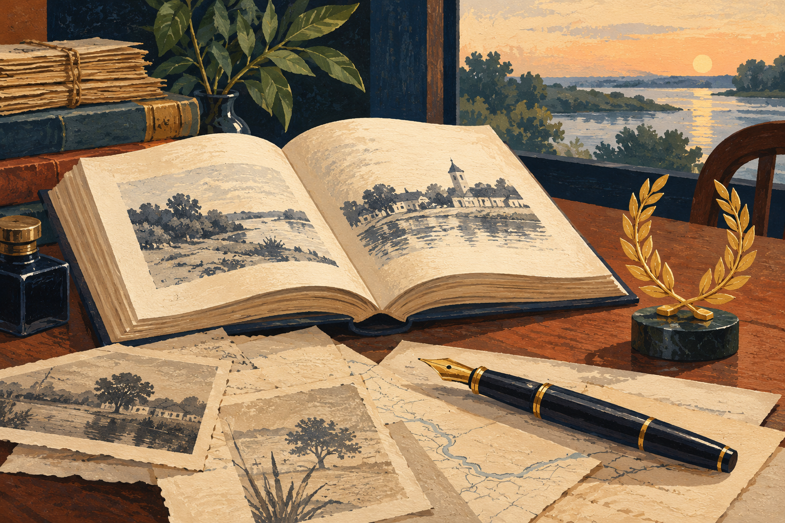 Ilustración de un libro abierto, documentos y una lapicera sobre un escritorio