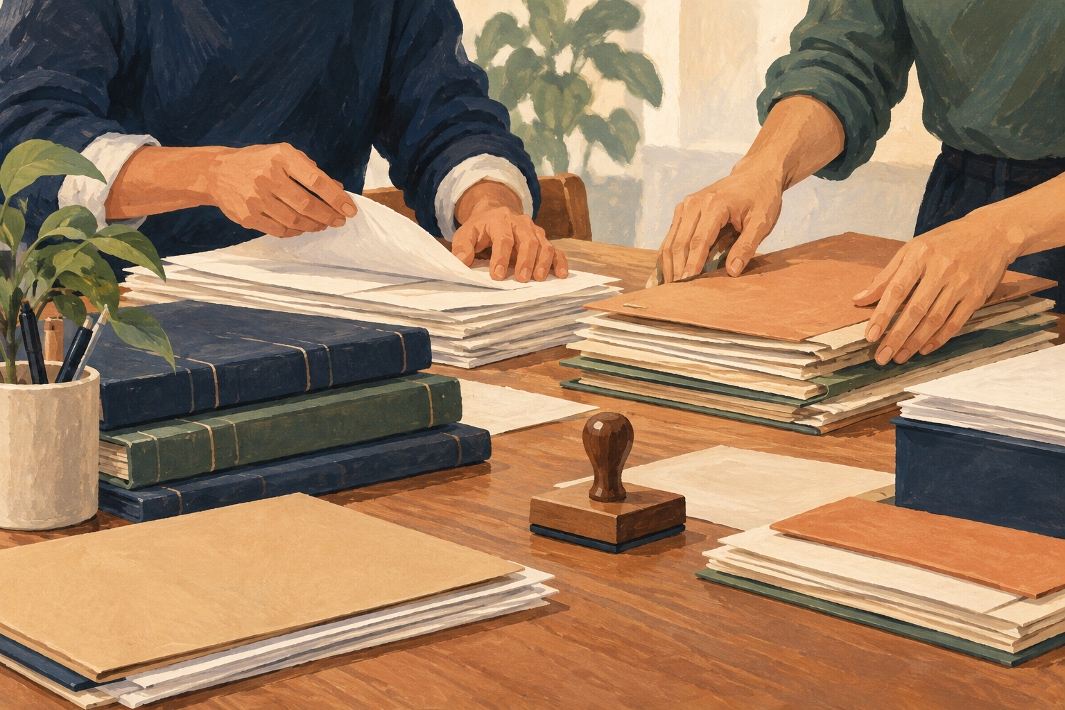 Ilustración de manos organizando carpetas y libros administrativos sobre una mesa compartida