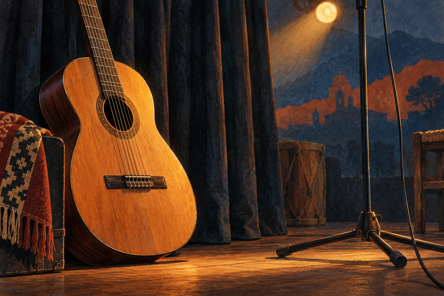 Ilustración de una guitarra criolla sobre un escenario