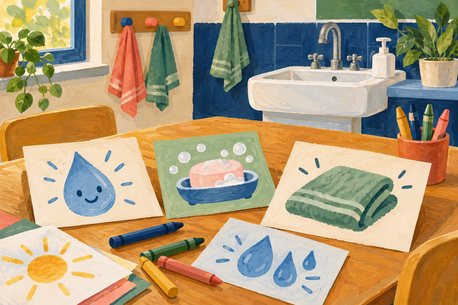 Ilustración de láminas sobre higiene, crayones y un lavamanos en un espacio educativo