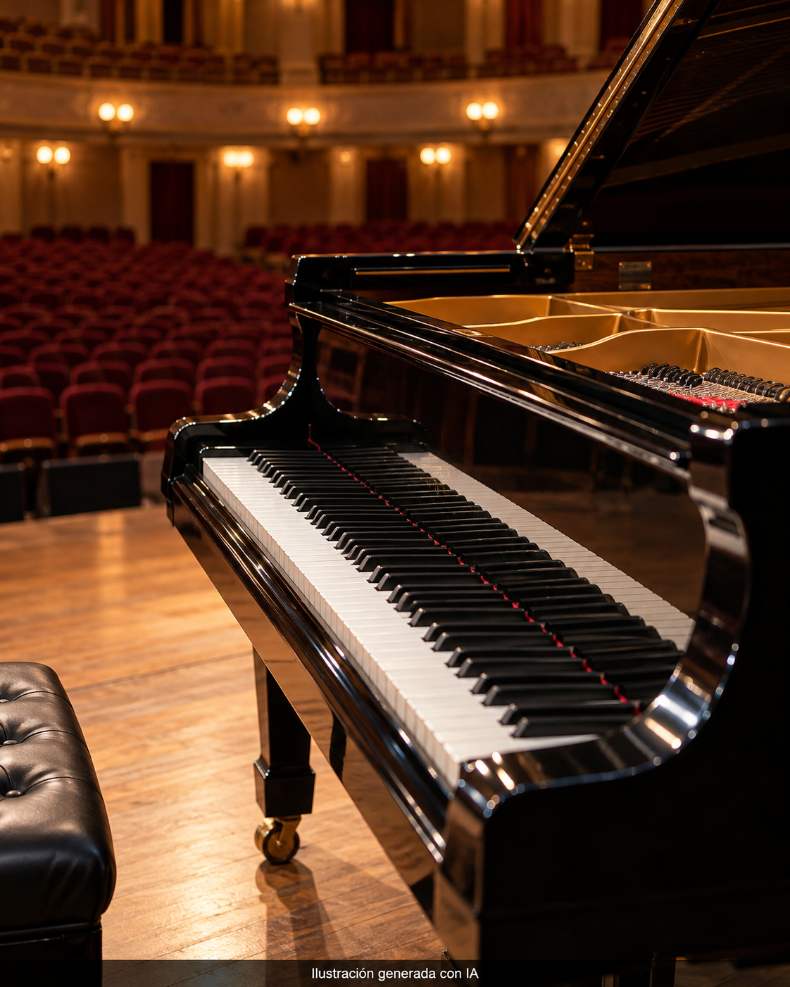 Ilustración generada con IA de un piano en un teatro genérico; no retrata a Sergio Feferovich ni el Teatro del Puerto.