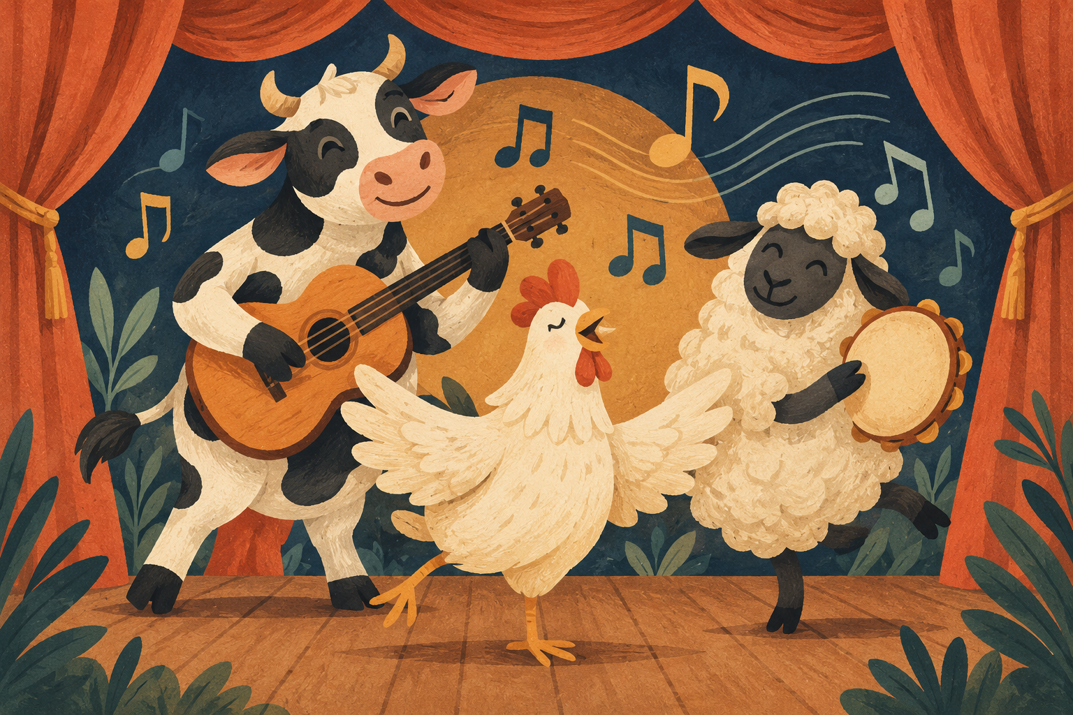 Ilustración de animales de granja estilizados y notas musicales frente a un telón