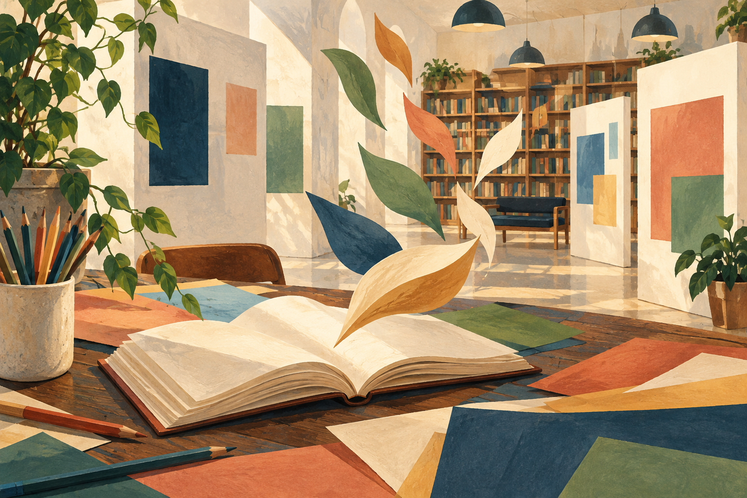 Ilustración de un libro abierto, lápices y papeles de colores junto a una biblioteca abstracta