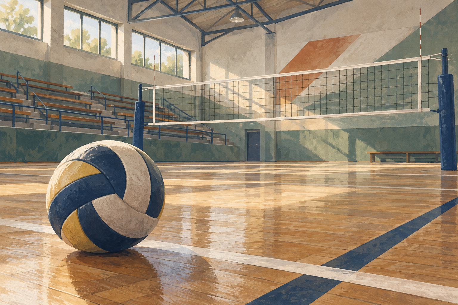 Ilustración de una pelota y una red en una cancha de vóley vacía