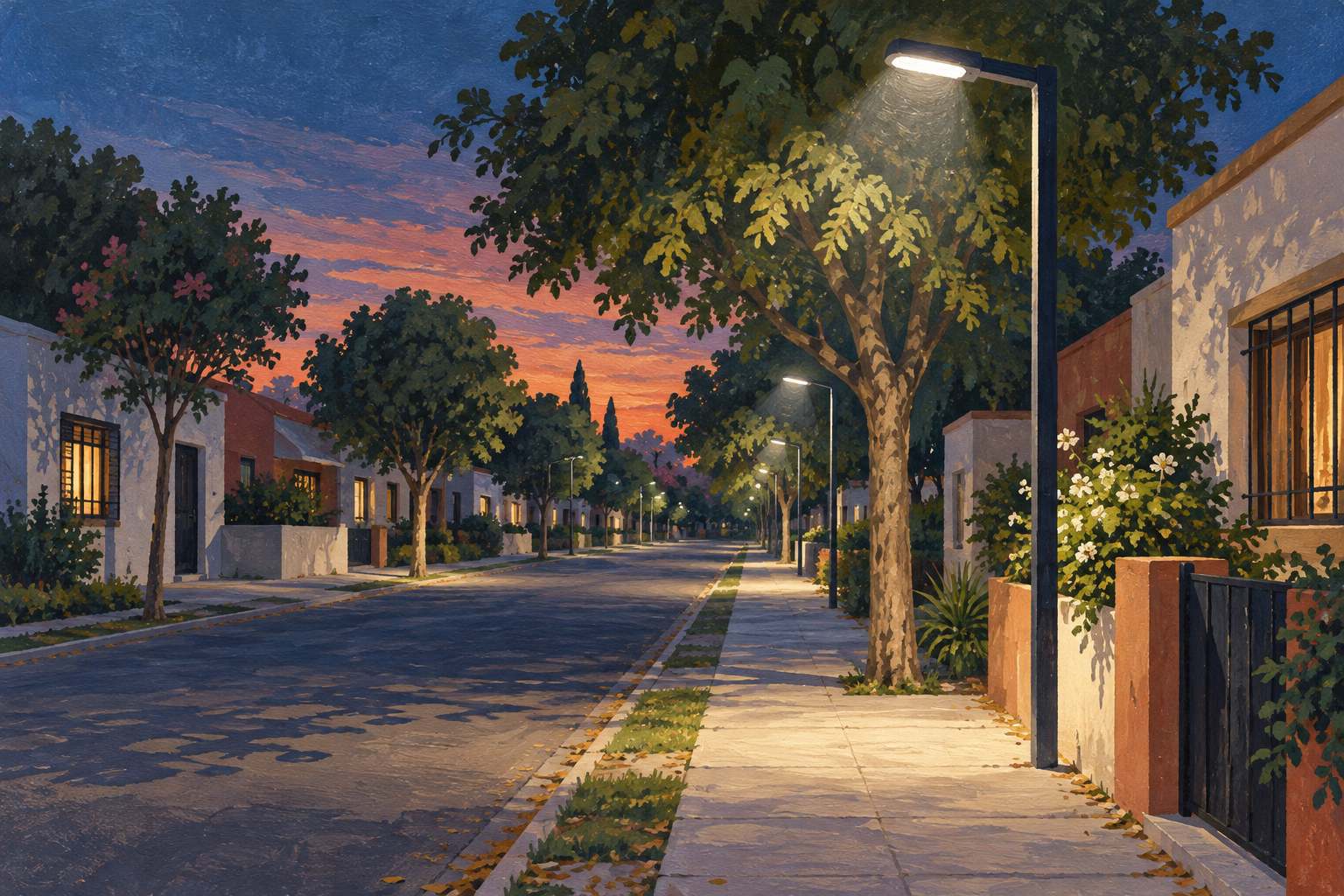 Ilustración de una calle residencial al anochecer iluminada por farolas modernas