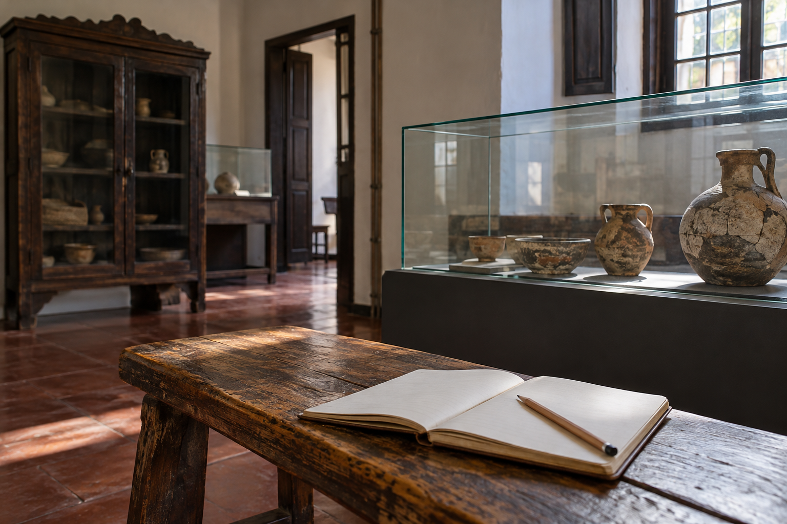 Ilustración fotorrealista generada con IA de vitrinas y un cuaderno en un museo genérico; no reproduce la visita de estudiantes ni los museos mencionados.