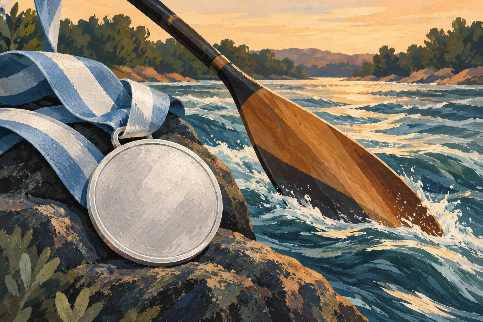 Ilustración de una medalla plateada y una pala de canoa junto al río