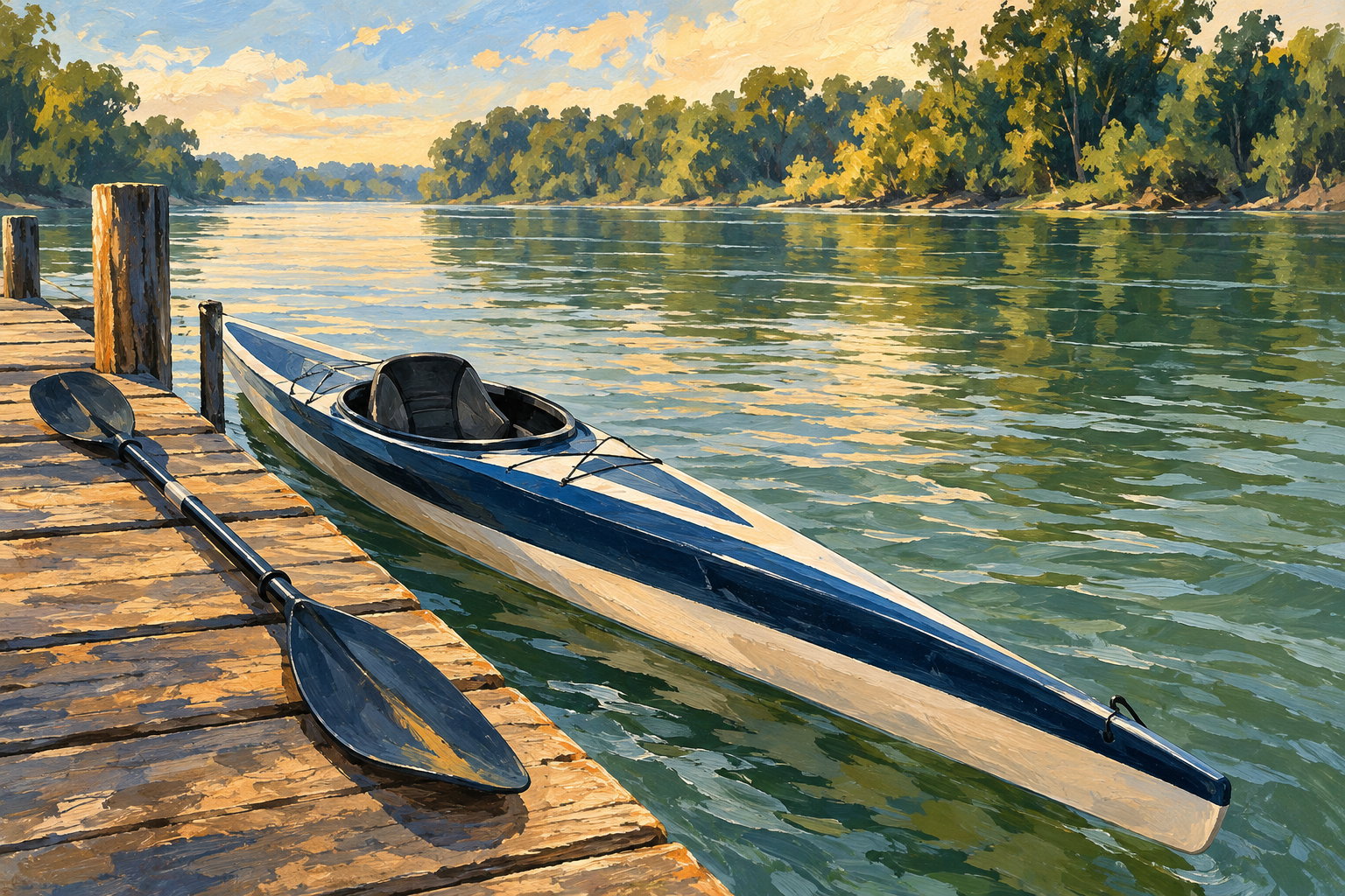 Ilustración de un kayak, una pala doble y ondas de río