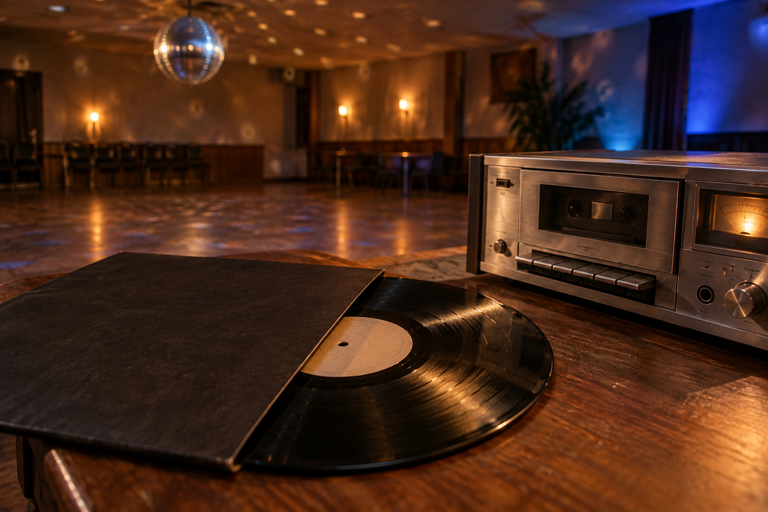 Ilustración fotorrealista generada con IA de un vinilo, un equipo de audio y una bola de espejos; no muestra Festroom ni una fiesta real.