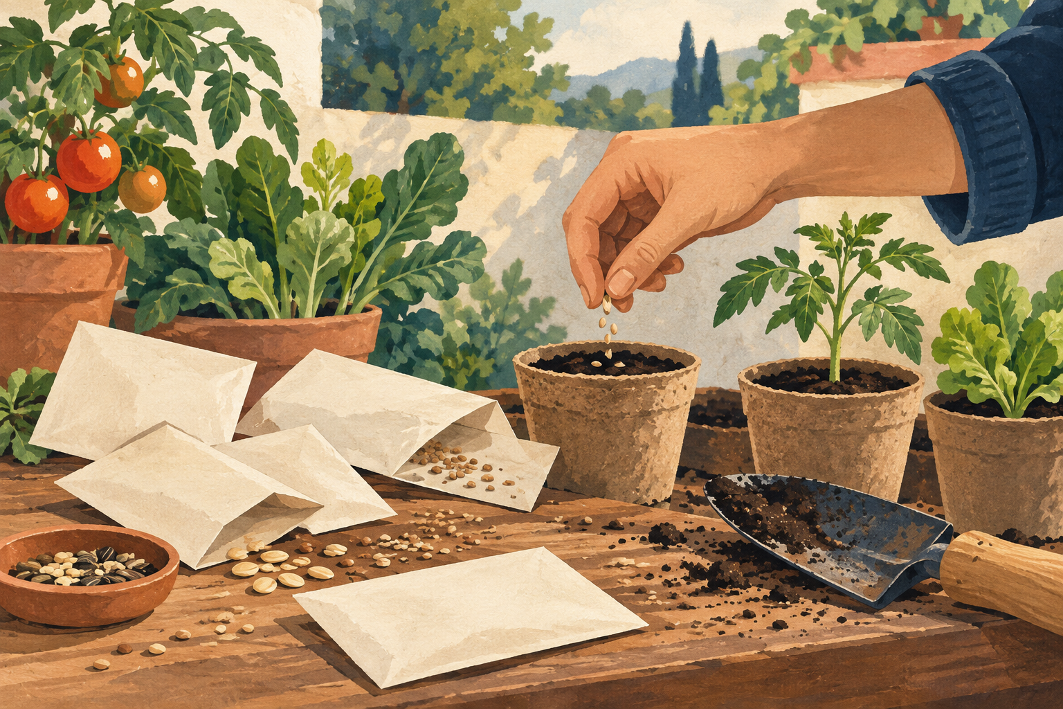 Ilustración de sobres de semillas, plantines y una mano sembrando en una huerta